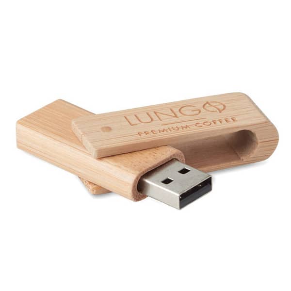 USB gadget with logo USB stick Bamboo USB gadget with logo 16GB USB Flash Drive with protective bamboo cover in carbon finish. Rotate the cover and connect to USB port to start using it. As bamboo is a natural material, the color per item can vary. Available color: Wood Dimensions: 64X19X13 MM Width: 1.9 cm Length: 6.4 cm Height: 1.3 cm Volume: 0.13 cdm3 Gross Weight: 0.021 kg Net Weight: 0.018 kg Depending on the surface we can use embroidery, engraving, 360° imprint or screen print.