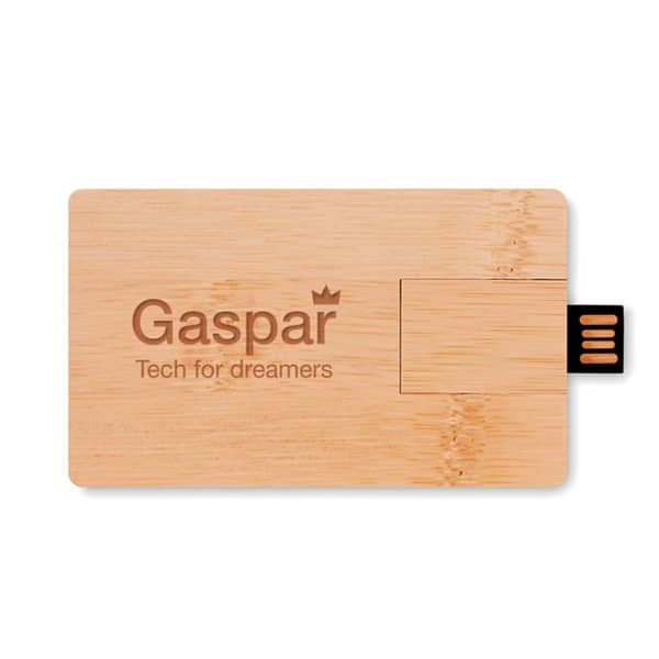 USB gadget with logo USB Stick CREDITCARD PLUS USB gadget with logo 16GB USB Flash Drive with protective bamboo cover. Bamboo is a natural product, there may be slight variations in color and size per item. Available color: Wood Dimensions: 90X55X5 MM Width: 5.5 cm Length: 9 cm Height: 0.5 cm Volume: 0.11 cdm3 Gross Weight: 0.028 kg Net Weight: 0.017 kg Depending on the surface we can use embroidery, engraving, 360° imprint or screen print.