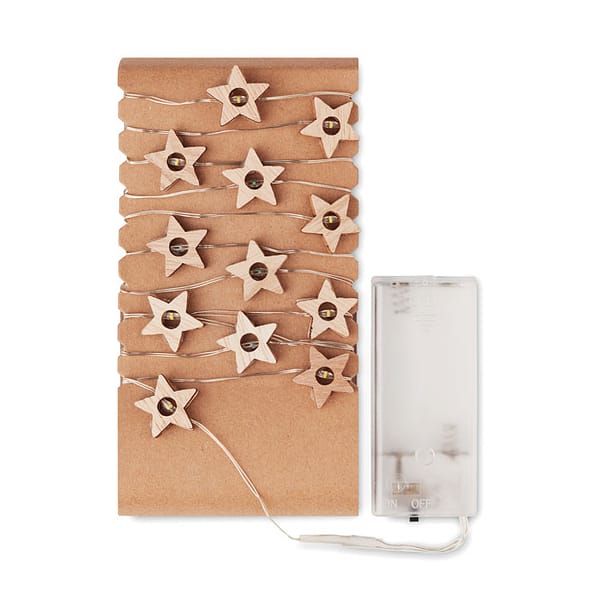 Christmas gadget with logo Star shaped lights MILKY WAY String with 20 LED lights in wooden star shape. Presented in carton box. 2 AA batteries not included. On/off button in battery case. Available color: Wood Dimensions: 15X8.2X2.3CM Width: 8.2 cm Length: 15 cm Height: 2.3 cm Volume: 0.403 cdm3 Gross Weight: 0.049 kg Net Weight: 0.025 kg Magnus Business Gifts is your partner for merchandising, gadgets or unique business gifts since 1967. Certified with Ecovadis gold!