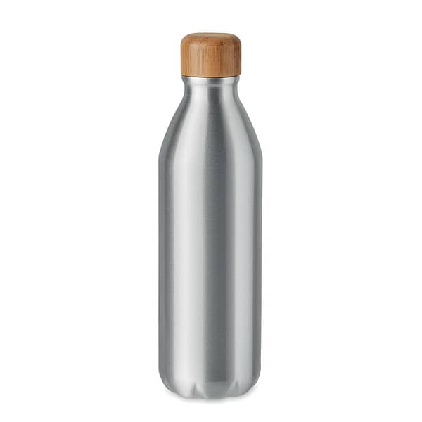 Water bottle with logo ASPER Single wall Aluminium water bottle with logo with bamboo. Capacity: 550 ml. Keep awater bottle with you during the day to stay hydrated and healthy. The wooden bamboo lid gives this bottle a natural look and makes it standout more than regular bottles. Bamboo is a natural product, there may be slight variations in colour and size per item, which can affect the final decoration outcome. Available color: Matt Silver Dimensions: Ã˜6X23CM Height: 23 cm Diameter: 6 cm Volume: 1.4 cdm3 Gross Weight: 0.12 kg Net Weight: 0.093 kg Magnus Business Gifts is your partner for merchandising, gadgets or unique business gifts since 1967. Certified with Ecovadis gold!