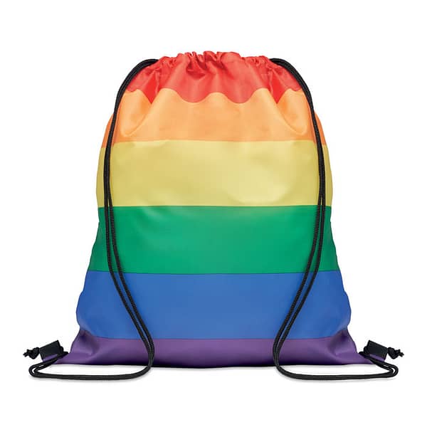 Drawstring bag with logo BOW Rainbow Drawstring bag with logo in 210D RPET polyester with PP strings. Depending on the surface we can use embroidery, engraving, 360° imprint or screenprint.