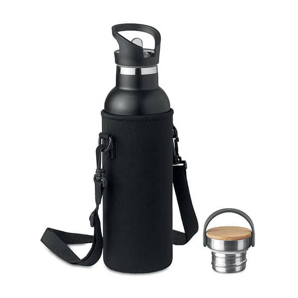 Water bottle with logo TIKSI Insulated stainless steel flask with logo with non-leak screw cap and additional interchangeable built-in straw cap. Supplied with neoprene carrying bag. Capacity: 700 ml. Stay hydrated throughout the day with this handy bottle that you can carry with you easily. The straw cap makes it easy to drink from. Because it is insulated, drinks will stay fresh longer. The bottle is presented in a neoprene carrying bag to take it with you. Available color: Black Dimensions: Ã˜7X29CM Height: 29 cm Diameter: 7 cm Volume: 3.21 cdm3 Gross Weight: 0.542 kg Net Weight: 0.457 kg Magnus Business Gifts is your partner for merchandising, gadgets or unique business gifts since 1967. Certified with Ecovadis gold!