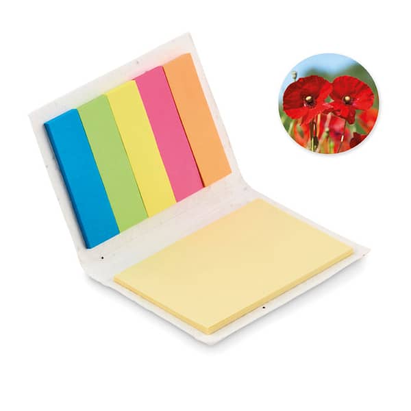 Sticky notes with logo VISON SEED Memo sticky notes with logo and soft seed grass paper cover. Large yellow sticky notes pads and 5 assorted colors page markers. After recording your thoughts on the last sheet, plant the cover and watch it grow into a beautiful field of red popies. Depending on the surface we can use embroidery, engraving, 360° imprint or screen print.