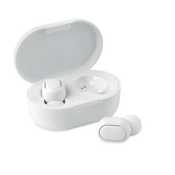 Audio gadget with logo Bluetooth earbuds RWING Audio gadget with logo, Bluetooth earbuds 5.0 in Recycled ABS with 40 mAh battery built-in. Playing time approx. 4 hours. Including a micro USB charging cable and a 300 mAh charging station. Available color: White Dimensions: 6,1X4X2,8 CM Width: 4 cm Length: 6.1 cm Height: 2.8 cm Volume: 0.2 cdm3 Gross Weight: 0.075 kg Net Weight: 0.048 kg Depending on the surface we can use embroidery, engraving, 360° imprint or screen print.