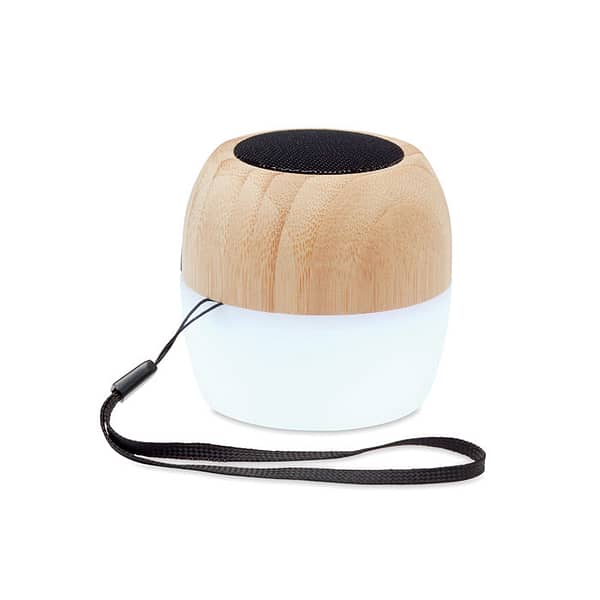 Audio gadget with logo Bluetooth speaker CLEVELAND+ Audio gadget with logo, Bluetooth speaker 5.0 in Bamboo and PP with 4-color mood light and carry strap. 1 Rechargeable Li-POL 300 mAh battery. Output data: 3W, 4 Ohm. Playing time approx. 2h. Available color: Wood Dimensions: Ø7,3X7 CM Height: 7 cm Diameter: 7.3 cm Volume: 0.66 cdm3 Gross Weight: 0.16 kg Net Weight: 0.121 kg Depending on the surface we can use embroidery, engraving, 360° imprint or screen print.