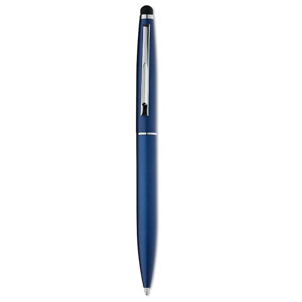 Pen with logo QUIM Pen with logo, Twist action ball pen in aluminium with stylus and matt finish. Blue ink. Available color: Blue, Black Dimensions: Ø1X13,5 CM Height: 13.5 cm Diameter: 1 cm Volume: 0.031 cdm3 Gross Weight: 0.017 kg Net Weight: 0.016 kg Depending on the surface we can use embroidery, engraving, 360° imprint or screen print.