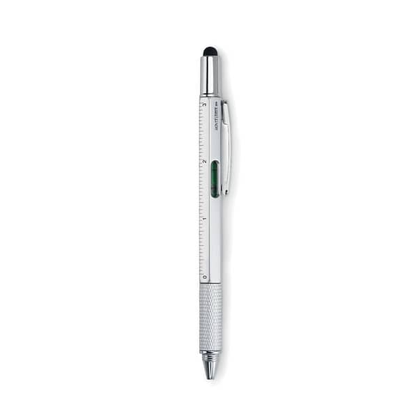 Pen with logo TOOLPEN Pen with logo, Twist action spirit level pen in ABS. With ruler, stylus and Phillips head and flat head screw driver bits. Black ink. Available colors: Black, Matt Silver Dimensions: 14,5X1,1X1,1 CM Width: 1.1 cm Length: 14.5 cm Height: 1.1 cm Volume: 0.028 cdm3 Gross Weight: 0.014 kg Net Weight: 0.013 kg Depending on the surface we can use embroidery, engraving, 360° imprint or screen print.