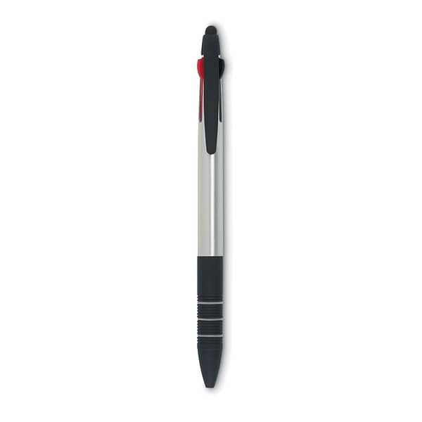 Pen with logo MULTIPEN Pen with logo with 3 ink colors: red, blue and black. ABS pen with stylus. Available colors: Silver, Black Dimensions: Ø1,1X14,5 CM Height: 14.5 cm Diameter: 1.1 cm Volume: 0.03 cdm3 Gross Weight: 0.01 kg Net Weight: 0.009 kg Depending on the surface we can use embroidery, engraving, 360° imprint or screen print.