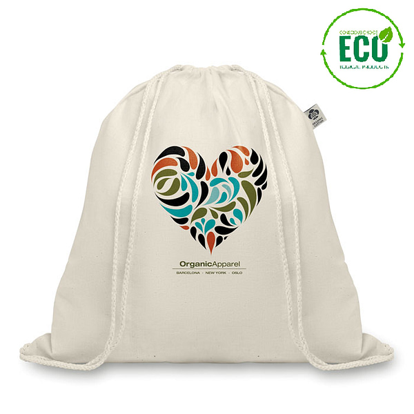 Drawstring bag with logo ORGANIC HUNDRED. HUNDRED Drawstring bag with logo in 105 gr/m². Made from organic cotton produced under a certified label. Available color: Beige Dimensions: 37X41CM Width: 41 cm Length: 37 cm Volume: 0.235 cdm3 Gross Weight: 0.061 kg Net Weight: 0.05 kg Depending on the surface we can use embroidery, engraving, 360° imprint or screen print.