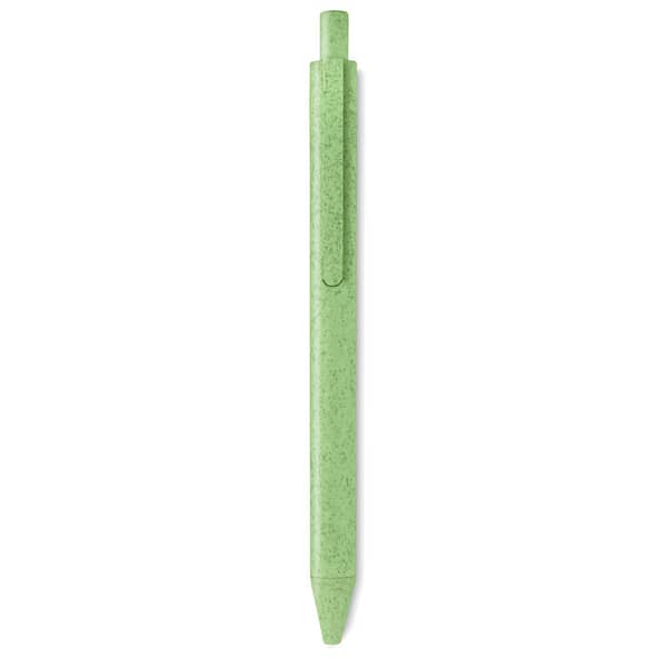 Pen with logo PECAS Pen with logo with push button in wheat straw 50% and ABS 50% material (blue ink). Available colors: Green, Black, Blue, Red, Orange, Beige Depending on the surface we can use embroidery, engraving, 360° imprint or screen print.