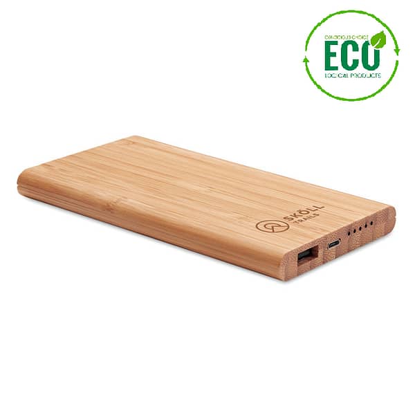 Powerbank with logo wireless ARENA Powerbank with logo with Wireless charging, with 6000 mAh capacity in Bamboo casing. Includes Type C connector. Power bank output DC5V/2A. Wireless output: DC5V/1A. Compatible latest androids, iPhone® 8, X and newer. Bamboo is a natural product, there may be slight variations in color and size per item, which can affect the final decoration outcome. Available color: Wood Dimensions: 14,5X7,5X1,6 CM Width: 7.5 cm Length: 14.5 cm Height: 1.6 cm Volume: 0.413 cdm3 Gross Weight: 0.192 kg Net Weight: 0.189 kg Depending on the surface we can use embroidery, engraving, 360° imprint or screen print.