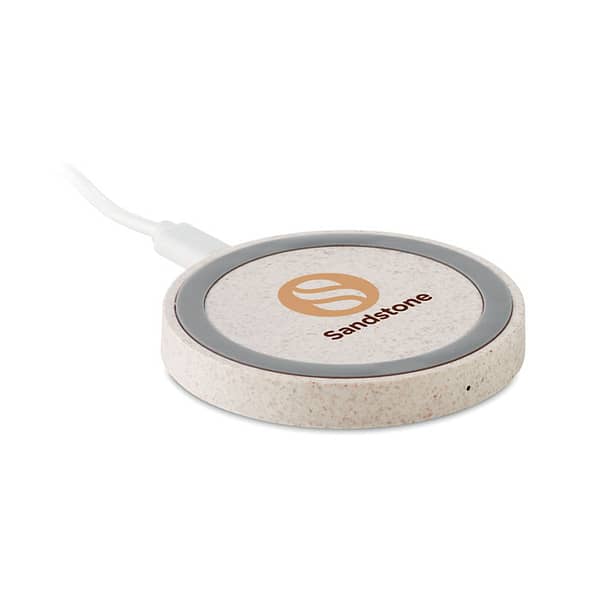 Wireless charger with logo PLATO+ Wireless charger with logo in wheat straw (35%) and ABS (65%). Connect device, place smartphone on it to begin charging. Output: DC5V/1A (5W).Compatible with latest Androids, iPhone® 8, 8S and X and newer. Available color: Beige Dimensions: Ø7X1 CM Height: 1 cm Diameter: 7 cm Volume: 0.176 cdm3 Gross Weight: 0.055 kg Net Weight: 0.039 kg Depending on the surface we can use embroidery, engraving, 360° imprint or screen print.