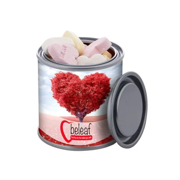 Sweets with logo Heartshaped in Tin Mini paint tin filled with fruit hearts and provided with a full color printed label. Other fillings possible on request. Shelf life: 18 months Available color: Silver Magnus Business Gifts is your partner for merchandising, gadgets or unique business gifts since 1967. Certified with Ecovadis gold!
