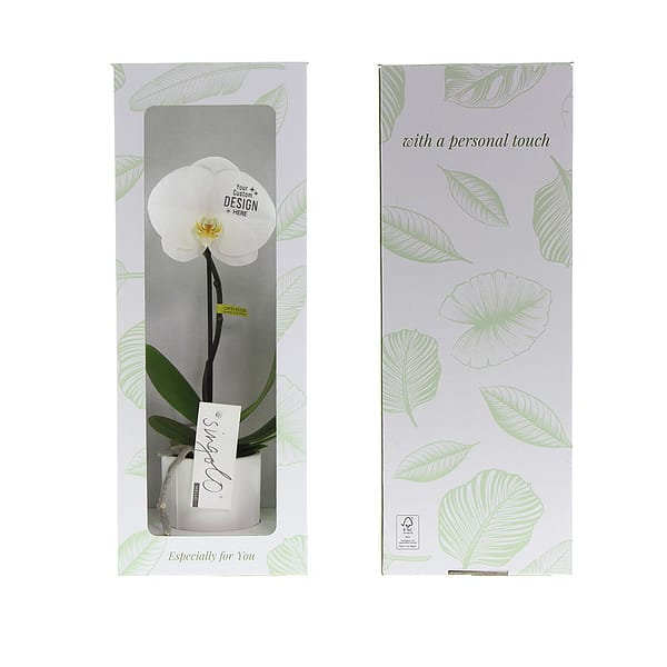 Gadget with logo Orchid Gadget with logo single-flowered luxurious orchid. Give a truly valuable gift with this unique orchid that will certainly not end up in the bin. This exceptional flower can be perfectly personalized with your logo or design on the flower. Comes with personalized FSC-certified gift box with a back card or leave a message by attaching a separate card. Depending on the surface we can use embroidery, engraving, 360° imprint or screen print.