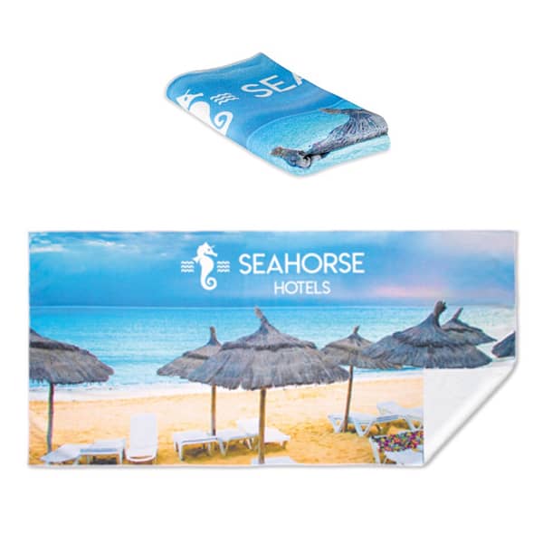 Beach gadget with logo Towel MT4003 Beach gadget with logo full colour printed beach Towels made from 100% microfiber (240gsm). The printed front side of the towel is printed full colour. The back of the towel is always white. Each towel comes Individually poly bagged. Depending on the surface we can use embroidery, engraving, 360° imprint or screen print.