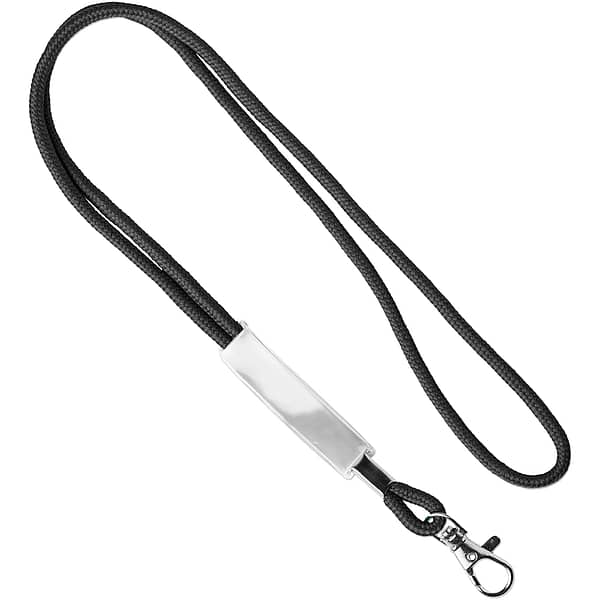 Cord lanyard with logo Polyester cord lanyard with logo and transparent slider. Ca 90cm long. Metal karabinier or choose from one of the other clip options. The slider comes standard in a transparent version but with the right quantity it can be produced in your wished colour as well. We use different printing techniques to add your logo. Depending on the surface we can use embroidery, engraving, 360° imprint or screenprint.