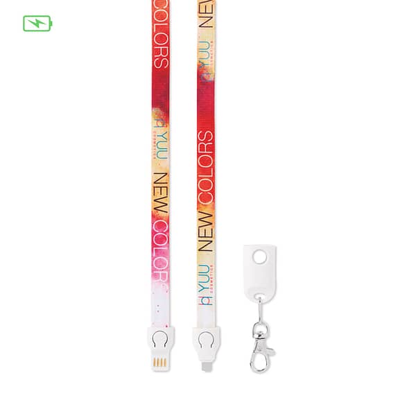 MC1004 Charging cable lanyard with logo 2 in 1 Charging cable lanyard with logo USB-A to Micro-B (2-pin). Only for charging, not for data-transfer. A full colour sublimation design on both sides is included. Material: polyester + plastic. Individually poly bagged. Available in 3 different lengths: 12cm, 20cm, 90cm. We use different printing techniques to add your logo. Depending on the surface we can use embroidery, engraving, 360° imprint or screenprint.