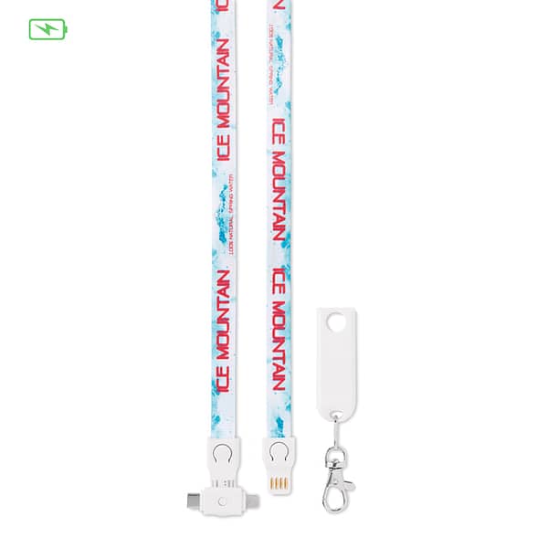Lanyard with logo Charging cable MC1005 3 in 1 Charging cable lanyard with logo and USB-A to Micro-B (2-pin) and Type-C. Only for charging, not for data-transfer. A full colour sublimation design on both sides is included. Material: polyester + plastic. Individually poly bagged. Available in 3 different lengths: 12cm, 20cm, 90cm We use different printing techniques to add your logo. Depending on the surface we can use embroidery, engraving, 360° imprint or screenprint.