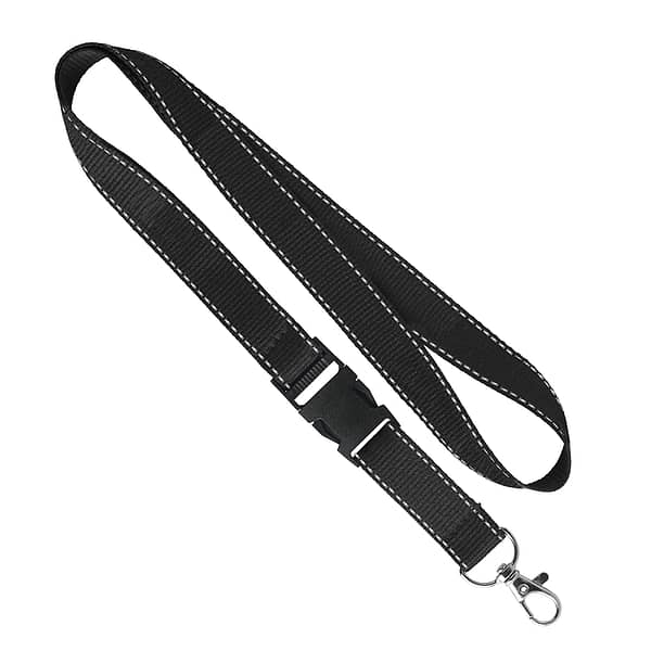 ML1021 lanyard with logo ML1021 lanyard with logo made from polyester ca.90cm. With reflective threads woven into the ribbon and a metal karabinier or choose from one of the other clip options. Polyester ribbon is printed with your pan tone colour matched logo designs on one or two sides. We use different printing techniques to add your logo. Depending on the surface we can use embroidery, engraving, 360° imprint or screenprint.