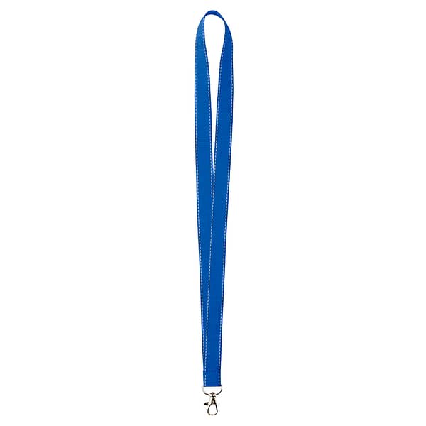 ML1021 lanyard with logo ML1021 lanyard with logo made from polyester ca.90cm. With reflective threads woven into the ribbon and a metal karabinier or choose from one of the other clip options. Polyester ribbon is printed with your pan tone colour matched logo designs on one or two sides. We use different printing techniques to add your logo. Depending on the surface we can use embroidery, engraving, 360° imprint or screenprint.
