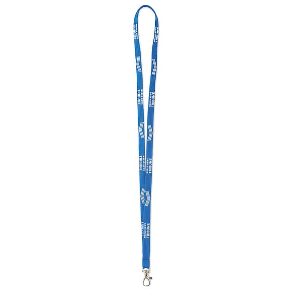 Tubular lanyard with logo Tubular lanyard with logo made from polyester. With a metal karabinier or choose from one of the other clip options. The ca. 90cm polyester tubular ribbon is printed with your pantone colour matched logo designs on one or two sides. We use different printing techniques to add your logo. Depending on the surface we can use embroidery, engraving, 360° imprint or screenprint.