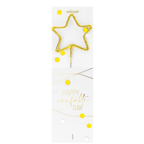 Gadget Wonder candle Confetti Gold Star Wonder candle that you can light up for fun and celebration. Color: Gold, White Material: Paper, Plastic Dimensions: 19,5 x 6,5 x 0,1 CM Package: EAN Sticker Magnus Business Gifts is your partner for merchandising, gadgets or unique business gifts since 1967. Certified with Ecovadis gold!