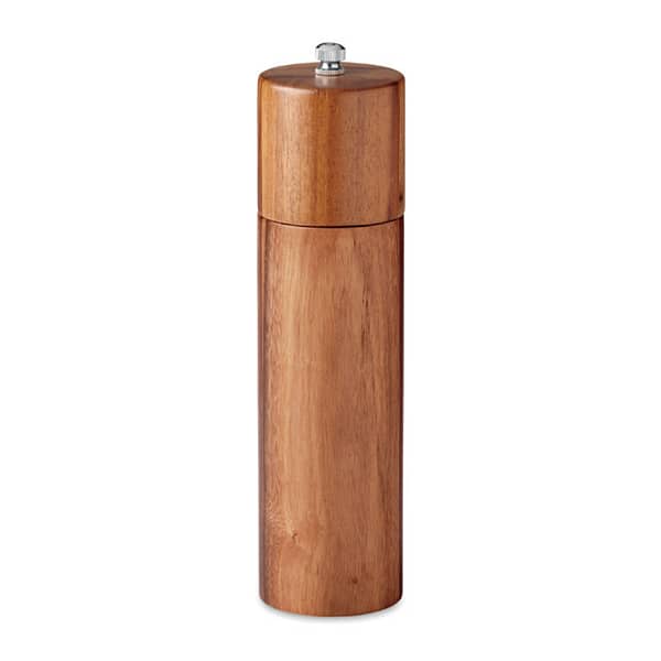 Kitchen gadget with logo Pepper mill TUCCO Pepper mill made of acacia wood. Stainless Steel and ceramic mechanism. Available color: Wood Dimensions: Ø5X21CM Height: 21 cm Diameter: 5 cm Volume: 0.967 cdm3 Gross Weight: 0.433 kg Net Weight: 0.311 kg Magnus Business Gifts is your partner for merchandising, gadgets or unique business gifts since 1967. Certified with Ecovadis gold!