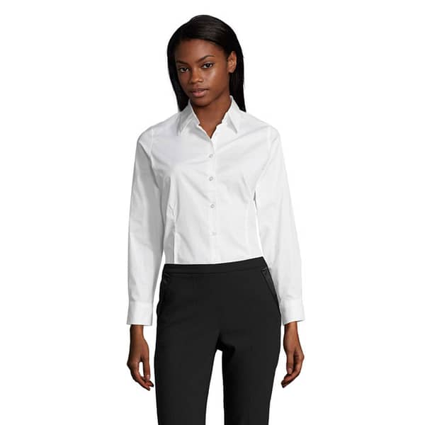 Shirt with logo Women EDEN SOL'S EDEN women shirt 140g. Made out of cotton elastane, with a close-fitting cut, it provides a pleasant ironed look and comfort. Very fashionable product. Close-fitting cut. Long sleeves. Single button collar. Adjustable cuffs with 2 buttons and bound slit. 7 tone-on-tone button placket. Front and back darts Fabric details: 97% cotton - 3% elastane. OEKO-TEX®. Only Sold with Print. Available color: White, Black Dimensions: 55 X 37 X 17 CM Volume: 0.001 cdm3 Gross Weight: 0.266 kg Net Weight: 0.2 kg Magnus Business Gifts is your partner for merchandising, gadgets or unique business gifts since 1967. Certified with Ecovadis gold!