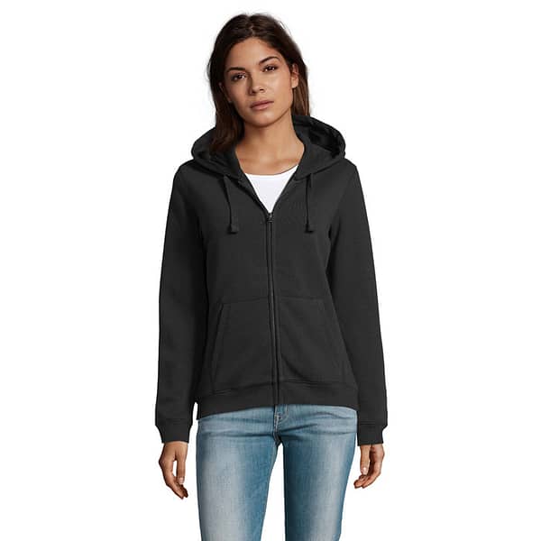 Hoodie with logo SPIKE WOMEN SOL'S SPIKE WOMEN. Women's zip hoodie, 80% ring spun cotton - 20% polyester Brushed lining, Outside: 100% cotton FLEECE 280 LSF (Low Shrinkage Fabric), Set-in sleeves, 2 front pouch pockets, Cut and sewn, Lined hood with tone-on-tone drawcord, 2x2 ribbed cuffs and hem. Half-moon inside collar, Taped neck, YKK zip. OEKO-TEX®. Only sold with print. Available color: Black, French Navy, Grey Melange, White, Royal Blue Dimensions: 54 X 36 X 51 CM Volume: 3.68 cdm3 Gross Weight: 0.548 kg Net Weight: 0.495 kg Magnus Business Gifts is your partner for merchandising, gadgets or unique business gifts since 1967. Certified with Ecovadis gold!