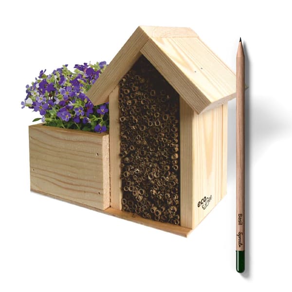 Bee Hotel with logo Bee hotel "Bed and Breakfast" including Sprout pen. Ready-made bee hotel made of wood, easy to set up and promote the chances of survival for everything that "buzzes and buzzes". For a better environment. Made from wood and stalks in different sizes for optimal nesting behavior. Ready made. Includes a soil tablet, the “horse apple” growth booster and a plantable sprout seed stick. Dimensions: H 17 x W 10 cm Diameter, approx. 13 cm REQUEST A FREE QUOTE The easiest way to kick off your design process is to request a quote. In your request, you can share your idea, your deadline, and send us images of your character. Magnus Business Gifts is your partner for merchandising, gadgets or unique business gifts since 1967. Certified with Ecovadis gold!