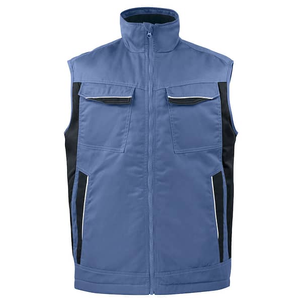 Projob Bodywarmer with logo Padded vest with zipper up to collar at front, with internal windflap and chin guard to prevent wind draft and chafing. Fleece lining in collar for increased comfort. Breast pockets on both sides, on the left side internal bracket for ID-card holder. Side pockets with zippers. Spacious inner pockets, also one phone pocket with Velcro closure. Extended back. Reflective piping at back and on front pockets. Lining can be opened to facilitate printing and embroidery. Available color: Skyblue, Blue, Red, Forest green, Khaki, Grey, Black Material: 65% polyester, 35% cotton 245 g/m2 Lining: 100% polyester Magnus Business Gifts is your partner for merchandising, gadgets or unique business gifts since 1967. Certified with Ecovadis gold!