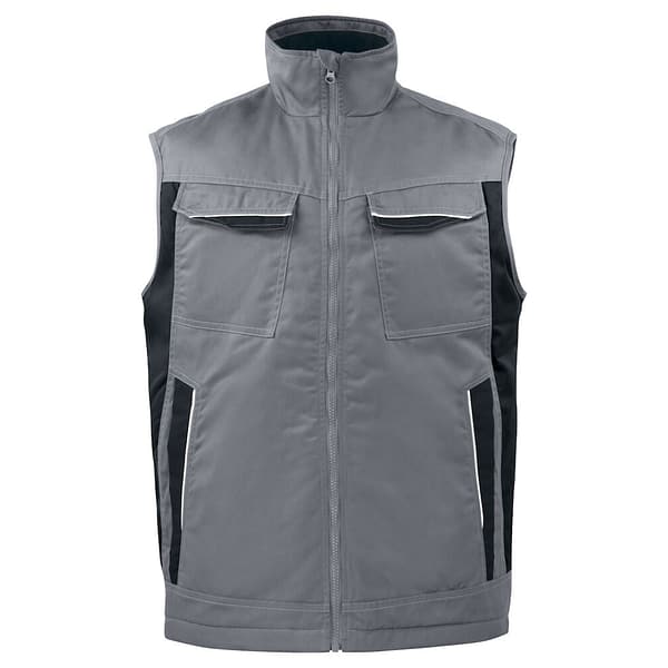 Projob Bodywarmer with logo Padded vest with zipper up to collar at front, with internal windflap and chin guard to prevent wind draft and chafing. Fleece lining in collar for increased comfort. Breast pockets on both sides, on the left side internal bracket for ID-card holder. Side pockets with zippers. Spacious inner pockets, also one phone pocket with Velcro closure. Extended back. Reflective piping at back and on front pockets. Lining can be opened to facilitate printing and embroidery. Available color: Skyblue, Blue, Red, Forest green, Khaki, Grey, Black Material: 65% polyester, 35% cotton 245 g/m2 Lining: 100% polyester Magnus Business Gifts is your partner for merchandising, gadgets or unique business gifts since 1967. Certified with Ecovadis gold!