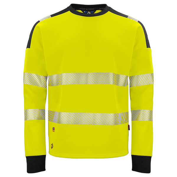 Projob Sweater with logo ISO 20471 Class 3 Sweater with contrast on the cuffs, shoulders and collar. Close fit. Sealed and segmented reflective tapes with stretch from 3M, also over the shoulders. Stretch fabric in softshell on the shoulders for increased freedom of movement. Available color: Orange/ Black, Yellow/ Black,  Yellow/ Navy Material 1: 100% polyester Material 2: 90% nylon, 10% spandex Magnus Business Gifts is your partner for merchandising, gadgets or unique business gifts since 1967. Certified with Ecovadis gold!