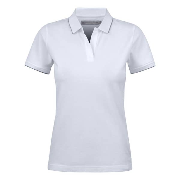 Golf Polo with logo Greenville Ladies Introducing our stylish and comfortable women's polo shirt, designed to enhance your performance on the golf course while keeping you looking and feeling your best. Crafted from high-quality materials and featuring thoughtful design details, this polo shirt is the perfect addition to any golfer's wardrobe. Our polo shirt is tailored for both style and comfort, with a classic white stripe at the collar and sleeves adding a touch of sophistication to the design. Made from a comfortable stretch material in Lacoste knit, it offers freedom of movement and flexibility, allowing you to swing with ease and confidence. The enzyme-washed finish gives the polo shirt a soft and luxurious feel, while the short placket and absence of buttons add a modern and streamlined look. The grey stripe on white polo shirts adds a subtle contrast, creating a timeless and elegant aesthetic that is sure to turn heads on the course. Magnus Business Gifts is your partner for merchandising, gadgets or unique business gifts since 1967. Certified with Ecovadis gold!