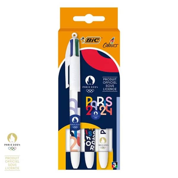 BIC PARIS 2024 Olympic Edition The BIC 4 Colors Decors pen revisits the timeless BIC 4 Colors Original pen with 3 designs in the colors of the Paris 2024 Olympic Games This ballpoint pen comes in 3 Paris 2024 Olympic designs to collect Blue, red, green, black: 4 colors to write, organize your notes or even create a creative journal, such as a “bullet journal”. Equipped with 4 medium 1.0 mm tips, this versatile ballpoint pen adapts to different uses and offers thick, well-defined lines Made in France, the BIC 4 Colors retractable ballpoint pen offers extreme longevity: its 4 cartridges write an average of 8 km Magnus Business Gifts is your partner for merchandising, gadgets or unique business gifts since 1967. Certified with Ecovadis gold!