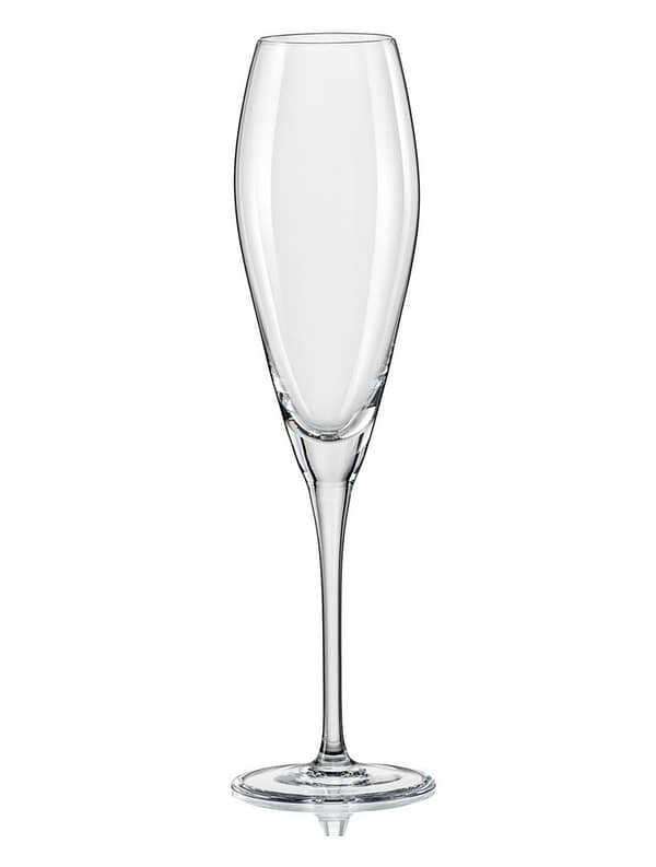 6 Champagne flutes with logo Bohemia 6 eye-catching Champagne flutes diamond shaped bowl. Fine tall stem and a nicely balanced design. Glasses have laser cut fine rims. Looks great both in classic and modern table settings. The conical base reflects the light and nicely enhances the colour of the wine. A wide foot gives the glass a good stability in professional environments. The range is manufactured in high quality crystal glass with a very good transparency and brilliance. Able to withstand industrial washing cycles. It does not contain any lead or other heavy metals.