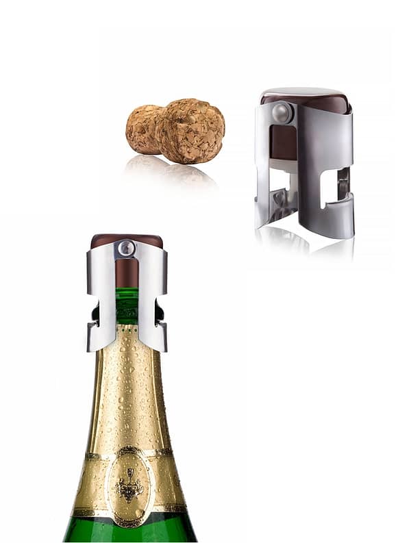 Champagne stopper with logo Champagne stopper with logo with airtight seal that preserves the freshness and flavour of your champagne. Fits most champagne bottles. Depending on the surface we can use embroidery, engraving, 360Â° imprint or screen print.
