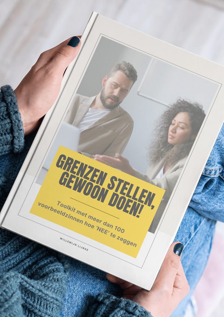 Afbeelding van een assertief gesprek waarbij grenzen worden gecommuniceerd met behulp van duidelijke voorbeeldzinnen.