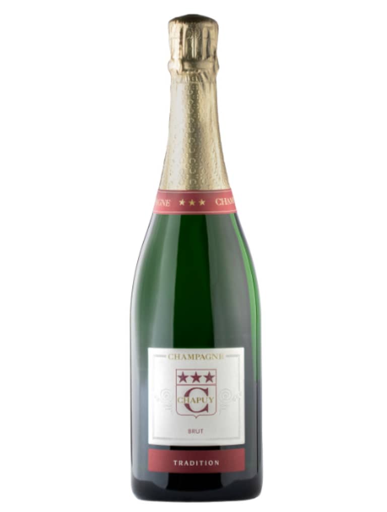 Champagne with logo Brut Tradition This Chapuy Champagne with logo Brut Tradition 750ml is very intense and slightly steely flavors of the Chardonnay blended. With discrete notes of Pinot Noir give the wine an exquisite lightness and fruitiness. A Champagne for any occasions from aperitif to friends' meeting Every bottle of Champagne can be personalized with logo an text. Min order quantity. Depending on the surface we can use embroidery, engraving, 360Â° imprint or screen print.