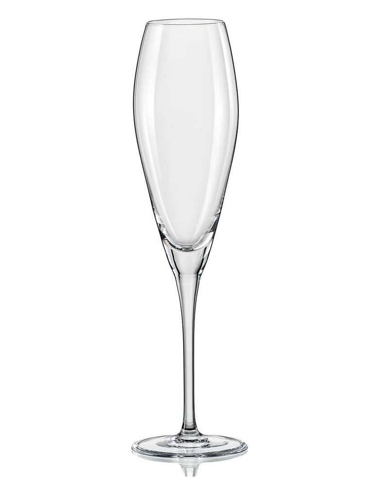 6 Champagne flutes with logo Bohemia 6 eye-catching Champagne flutes diamond shaped bowl. Fine tall stem and a nicely balanced design. Glasses have laser cut fine rims. Looks great both in classic and modern table settings. The conical base reflects the light and nicely enhances the colour of the wine. A wide foot gives the glass a good stability in professional environments. The range is manufactured in high quality crystal glass with a very good transparency and brilliance. Able to withstand industrial washing cycles. It does not contain any lead or other heavy metals.