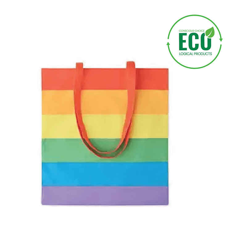 Tote bag with logo BOREALIS Tote bag with logo and long handles. 200 gr/m². Comes in rainbow colors. Depending on the surface we can use embroidery, engraving, 360° imprint or screenprint.