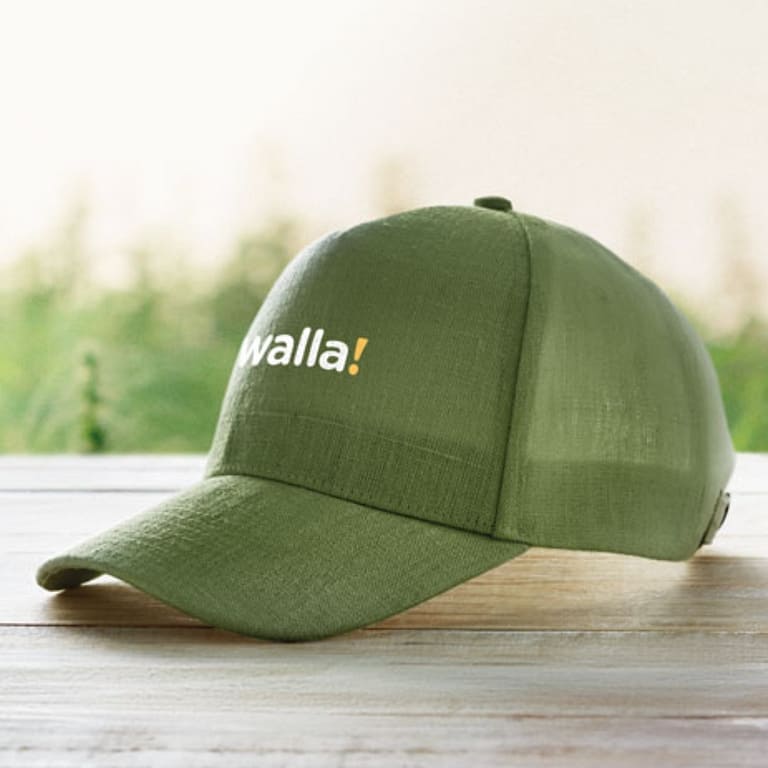 Baseball cap with logo Naima 5 Panel baseball cap in 100% hemp fabric 370 gr/mÂ². With brass clips on adjustable strap closure. 5 stitched eyelets in matching colour. Size 7 1/4.