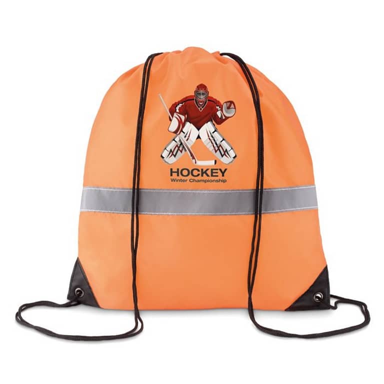 Drawstring bag with logo STRIPE Drawstring bag with logo in 190T polyester with reflective stripe. Depending on the surface we can use embroidery, engraving, 360Â° imprint or screenprint.