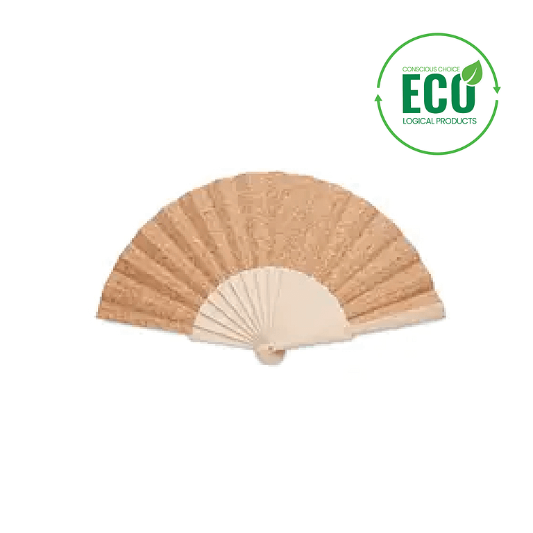 Gadget with logo hand fan FANNY . Manual hand fan with logo in wood with cork fabric sheeting. We use different printing techniques to add your logo. Depending on the surface we can use embroidery, engraving, 360Â° imprint or screen print.