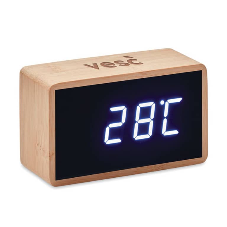 Gadget with logo Alarm clock MIRI Gadget with logo white LED time display alarm clock and temperature display in bamboo casing. AC-DC 2 pin plug adapter included. Not suitable for UK use. Bamboo is a natural product, there may be slight variations in colour and size per item. Depending on the surface we can use embroidery, engraving, 360Â° imprint or screen print.
