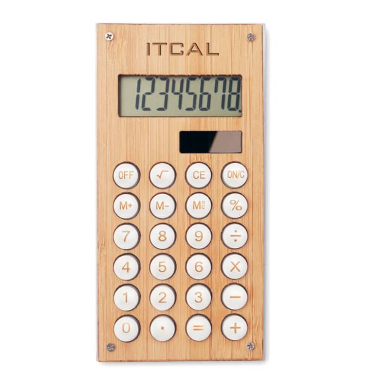 Gadget with logo Calculator 8 digit CALCUBAM Gadget with logo 8 digit calculator dual power in ABS with bamboo case. 1 cell battery (LR1131) included. Depending on the surface we can use embroidery, engraving, 360Â° imprint or screen print.