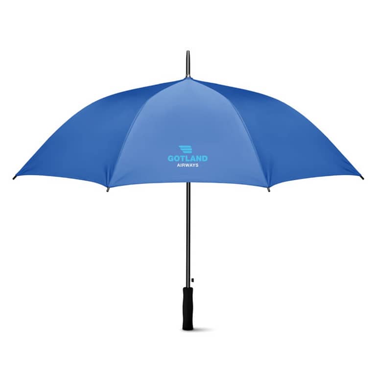 Gadget with logo Umbrella SWANSEA+ Gadget with logo 27 inch auto open umbrella in 190T polyester material and inside silver coating. With black plated metal shaft and ribs. Black plastic tips. Straight black EVA handle. Manual closure. Depending on the surface we can use embroidery, engraving, 360Â° imprint or screen print.