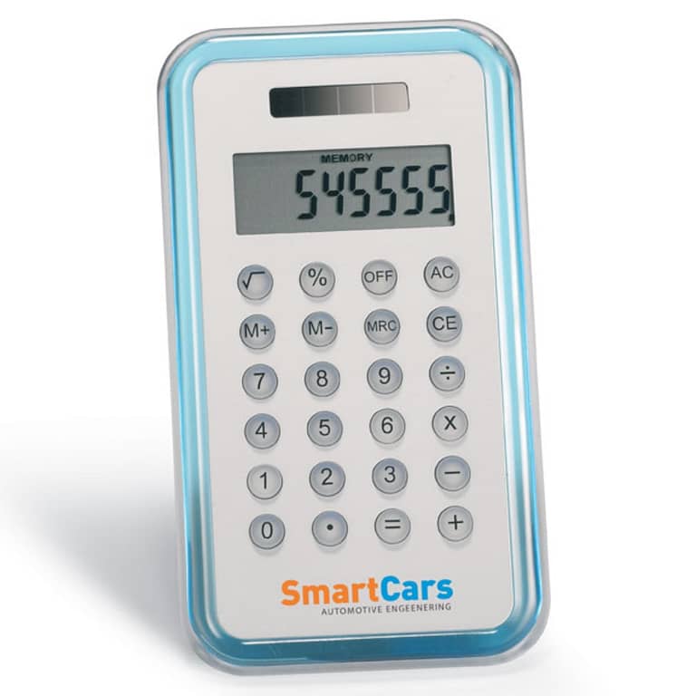 Gadget with logo calculator 8 digit CULCA 8 digit dual power calculator with logo and aluminium front cover. 1 cell battery included. Depending on the surface we can use embroidery, engraving, 360Â° imprint or screen print.