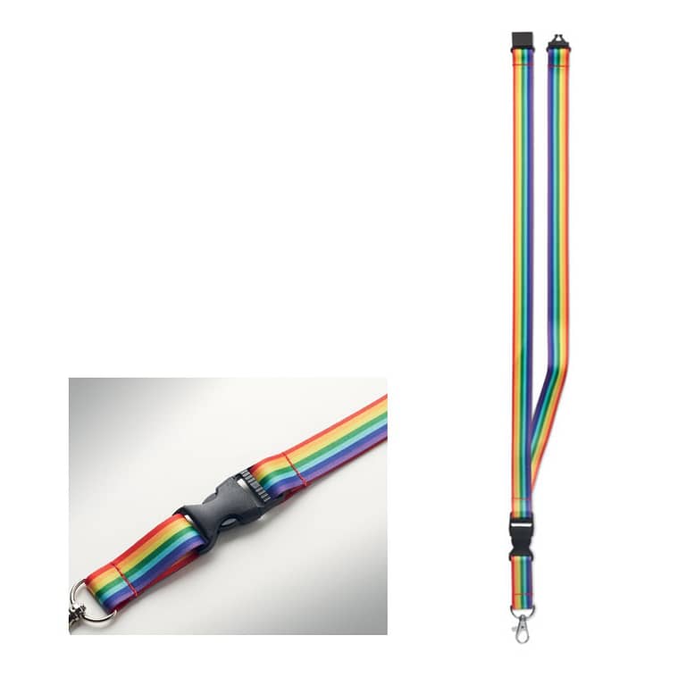 Lanyard with logo Rainbow RPET Rainbow Lanyard with logo and hook in RPET. Detachable buckle and safety breakaway. Depending on the surface we can use embroidery, engraving, 360Â° imprint or screenprint.