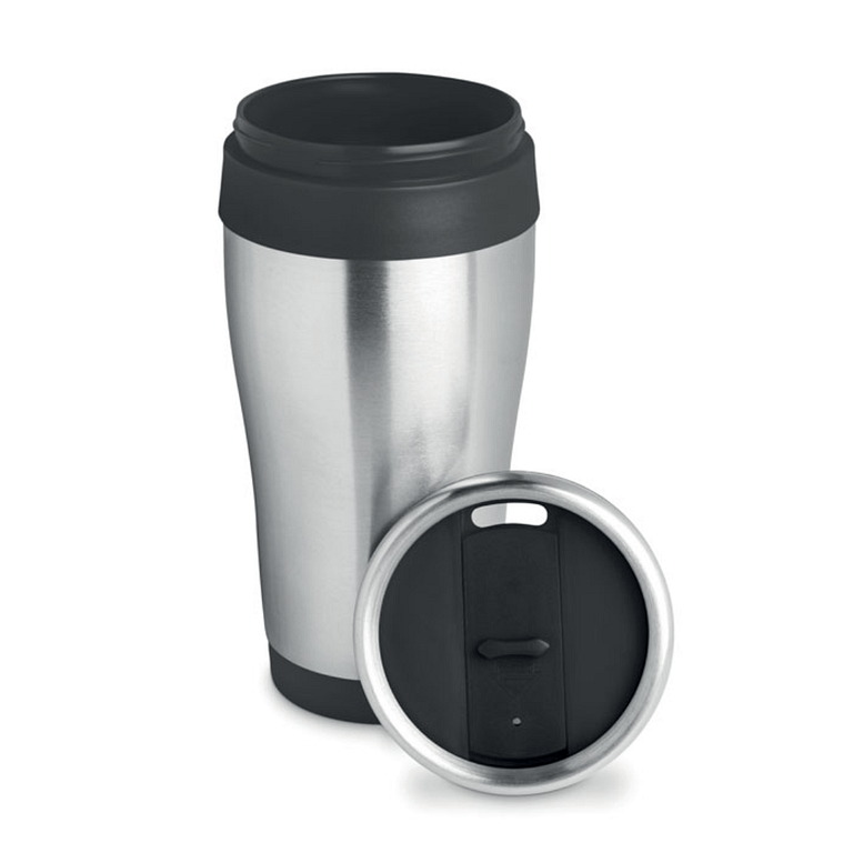 Cup with logo TRAM Double wall stainless steel travel cup with inner PP and lid with logo. Capacity:455 ml. Available color: Black Dimensions: Ø8X16.5CM Height: 16.5 cm Diameter: 8 cm Volume: 1.542 cdm3 Gross Weight: 0.22 kg Net Weight: 0.191 kg Magnus Business Gifts is your partner for merchandising, gadgets or unique business gifts since 1967. Certified with Ecovadis gold!